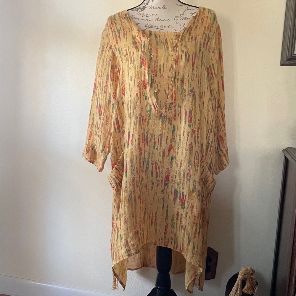 Linen, Yellow Patterned Tunic Top with Pockets